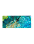 Ocean-inspired 28x12 mouse pad with a blend of turquoise, deep blue, and golden flecks for a refreshing, tranquil workspace aesthetic