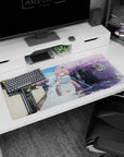 36x16 inches desk pad showing a shy pink-haired anime girl with long braid on a quiet cherry blossom street.