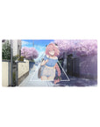 32x16 inches anime girl mouse pad with pink braided hair, triangle frame, and sakura street scene.