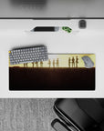 Strength and unity 28x12 mouse pad featuring the Survey Corps silhouetted against a sunset, perfect for creating a courageous, inspiring desk atmosphere