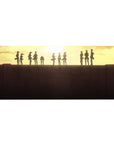 Survey Corps 36x16 desk pad featuring the Survey Corps standing strong against the setting sun, with warm tones and silhouettes for a powerful tribute
