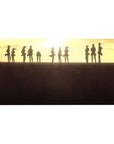 Survey Corps 40x20 desk pad featuring the Survey Corps standing united against the setting sun, with warm tones and striking silhouettes for a breathtaking vibe