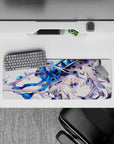 32x12 inches desk mouse pad in cozy winter blues, sapphire eyes, icy markings, and bright blue accents.