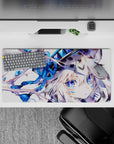 32x16 inches cozy winter anime mouse pad with icy blues, sapphire eyes, and soft snowy vibes for desk setup.
