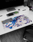 32x16 inches mouse pad featuring a silver-haired wolf-eared anime girl with face markings and bright blue eyes.