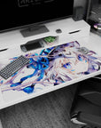 Silver-haired wolf-eared anime girl desk pad 40x20 inches with glassy blue eyes and face markings.