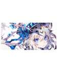 32x16 inches anime girl mouse pad with silver-haired wolf-eared character, blue blossoms, and ribbon braids.
