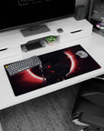 Modern 32x16 inches mouse pad featuring Guts in his Berserker Armor with a blood-red eclipse, perfect for adding bold, dramatic energy to your desk setup.