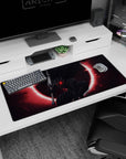 Artistic 36x16 inches desk pad with Guts in his Berserker Armor beneath a blood-red eclipse, perfect for adding dramatic intensity to your workspace.