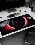 Large 40x20 inches desk pad with Guts in his Berserker Armor beneath a blood-red eclipse, ideal for transforming your desk with fierce energy and intensity.
