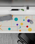 36x16 inches desk pad with mid-century modern design, blending bright geometric shapes, stars, and circles on a beige background for stylish balance.