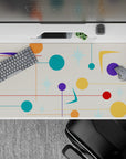 40x20 inches desk pad with mid-century modern design, featuring bright circles, stars, and geometric shapes on a beige backdrop for energy and balance.