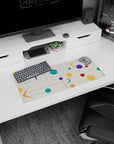 My Hero Academia mouse pad, 28x12 inches, featuring mid-century modern design with colorful circles, stars, and geometric shapes on a beige backdrop.
