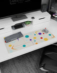 Artistic 32x12 inches mouse pad featuring mid-century modern design, with bright colors, geometric shapes, and a beige backdrop for creative energy.