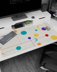Large 40x20 inches desk pad featuring mid-century modern design, with colorful geometric shapes, circles, and stars on a soft beige backdrop.