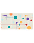 Mouse pad featuring mid-century modern design, 32x16 inches, with bright circles, stars, and geometric shapes on a soft beige backdrop for energy.