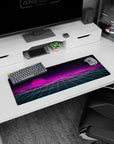 Artistic 32x12 inches mouse pad with a glowing pink sunset and neon gridlines, capturing the essence of retro-futuristic style.