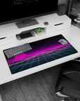 Modern 32x16 inches mouse pad featuring a glowing pink sunset and retro gridlines, bringing vaporwave vibes to your workspace.