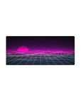 Mouse pad featuring Neon Horizon Waves, 28x12 inches, with a glowing pink sunset and vaporwave gridlines.