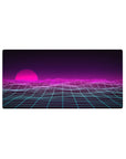 Mouse pad featuring Neon Horizon Waves, 32x16 inches, with a pink sunset and futuristic gridlines in a retro-futuristic design.