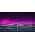 Desk pad featuring Neon Horizon Waves, 40x20 inches, with a glowing pink sunset, futuristic gridlines, and vaporwave aesthetics.