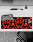 Intense 32x12 desk mat features warm hexagons and rich tones with intricate details for fans of retro art