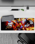 32x12 inches anime mouse pad in molten orange flames with crisp white, red, and electric blue neon pops.