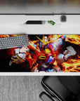 36x16 inches anime mouse pad in fiery orange flames with crisp white, red, and electric blue pops.