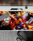 40x20 inches anime mouse pad in molten orange flames with crisp white, red, and electric blue pops.