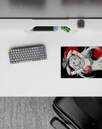 Anime girl mouse pad 14x10 inches with black backdrop, crimson rings and red ink splatter, edgy cozy vibe.