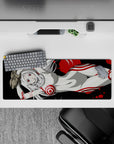 32x12 inches anime desk mouse pad in black, white, and crimson, splattered red accents, edgy cozy mood.