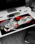 40x20 inches anime girl mouse pad showing a silver-haired girl lounging in a sleek white suit with red stripes.