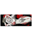 32x12 inches anime girl mouse pad with silver-haired red-eyed girl, white suit, crimson rings on black.