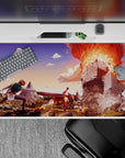 Megumin KonoSuba explosion scene desk pad, 40x20 inches, featuring Kazuma holding her back amidst vibrant colors and chaos.