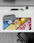 Anime girl mouse pad 28x12 inches in blue, gold, and pink halftone dots for a loud, playful desk vibe.