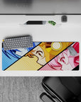 Vibrant halftone desk mat 32x12 inches in cool blue, sunny gold, and candy pink pop-art style.
