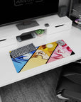 28x12 inches anime girl mouse pad showing three close-up girls with sharp eyes and cheeky smirks in panels.