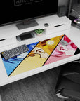 36x16 inches anime girl mouse pad showing three close-up girls with sharp eyes and cheeky smirks.