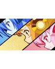 40x20 inches anime girl desk pad with three comic panels, bold black diagonals, pop-art halftone dots.