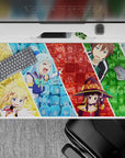 Anime desk pad 40x20 inches featuring Aqua, Darkness, Megumin, and Kazuma from KonoSuba in a vibrant collage.