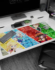 KonoSuba anime mouse pad, 40x20 inches, features Aqua, Darkness, Megumin, and Kazuma in a colorful, chaotic collage.