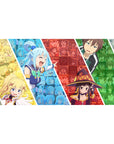 Anime desk pad 40x20 inches featuring KonoSuba characters Aqua, Darkness, Megumin, and Kazuma in a colorful collage.