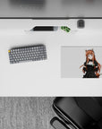 Cute 14x10 inches anime girl mouse pad in crisp white, warm auburn hair, rosy eyes, playful vibe.
