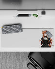Cute sassy auburn-and-rosy palette on crisp white anime girl mouse pad 32x12 inches, café vibe art.