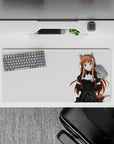 White backdrop, warm auburn hair and rosy eyes anime girl mouse pad 32x16 inches with cute café vibes.