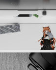 Cute warm auburn and rosy tones anime desk pad 36x16 inches, clean café vibe with a sassy smile.
