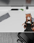Crisp white 40x20 inches anime desk pad with warm auburn hair, rosy eyes, cute café vibe art.