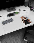 Shy-smiling fox maid in black dress on crisp white, auburn hair flowing; anime girl mouse pad 32x16 inches.