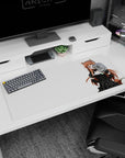 Shy confident fox-girl maid with fluffy tail on white, anime desk pad 36x16 inches for gaming.