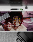 Anime desk pad featuring Kokushibo from Demon Slayer, 40x20 inches, showcasing his six burning eyes and blood-red blades.